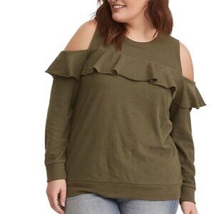 Torrid Olive Green Cold Shoulder Ruffle Long Sleeve Top For Women Size 2 (2X)